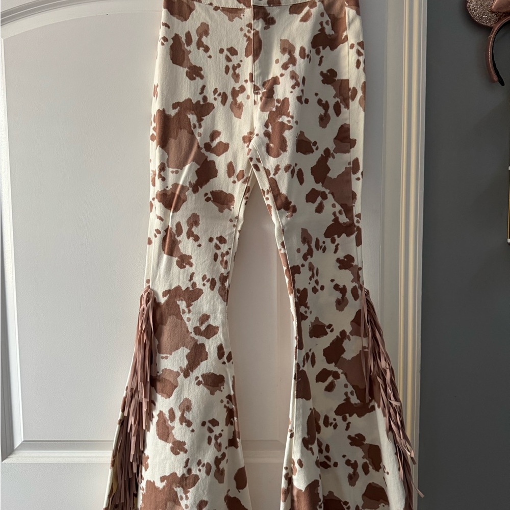 Cow Print Flare Pants with Fringe